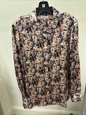 Lafayette 148 New York Black, Beige & Cream Abstract-Print Silk Button-Down